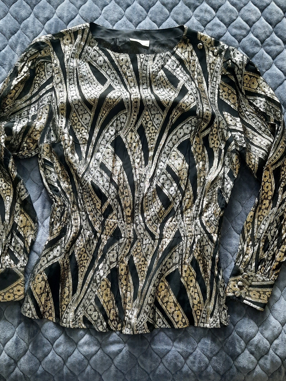 Late 1970s Metallic Black & Gold Long-Sleeve Lined Women's Top- West Germany